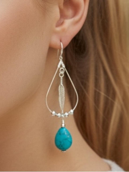 Hand Crafted Jewelry - HAND CRAFTED HOWLITE TEARDROP EARRINGS Feather Western Boho
